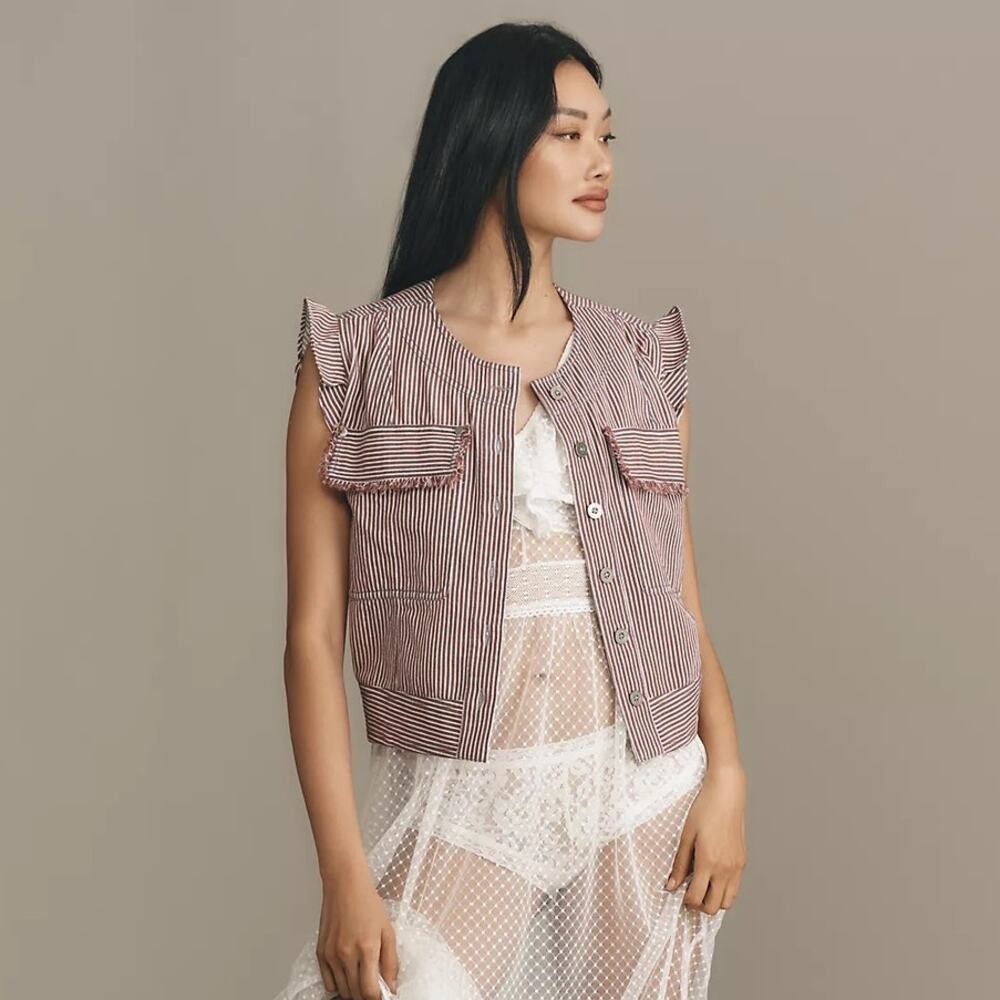 Anthropologie Pilcro Nautique Striped Utility Denim Ruffle Blouse Vest Size XXS